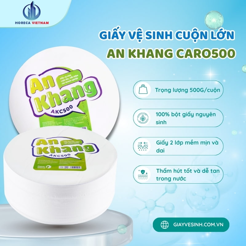 Giấy vệ sinh cuộn lớn An Khang Caro500 500g làm từ 100% bột giấy nguyên sinh, mềm mịn và dễ tan trong nước