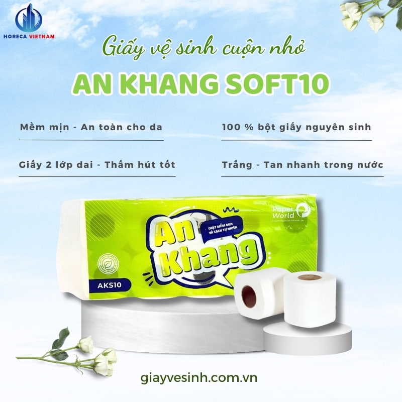 Giấy vệ sinh cuộn nhỏ An Khang Soft10 làm từ 100% bột giấy nguyên sinh, 2 lớp mềm mịn, thấm hút tốt và tan nhanh trong nước