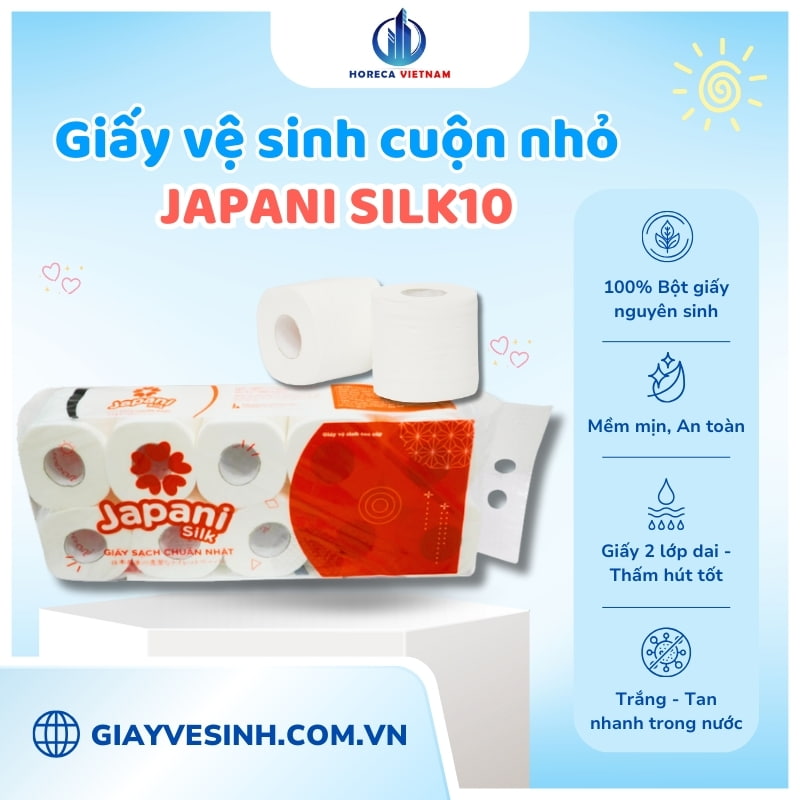 Giấy vệ sinh cuộn nhỏ Japani Silk10 được làm từ bột giấy nguyên sinh, mềm mịn, thấm hút tốt và tan nhanh trong nước, an toàn cho người sử dụng.