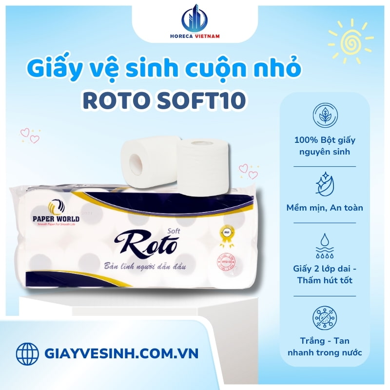 Giấy vệ sinh cuộn nhỏ Roto Soft10 với 2 lớp giấy mềm mịn, thấm hút tốt, dễ tan trong nước, an toàn cho người sử dụng.