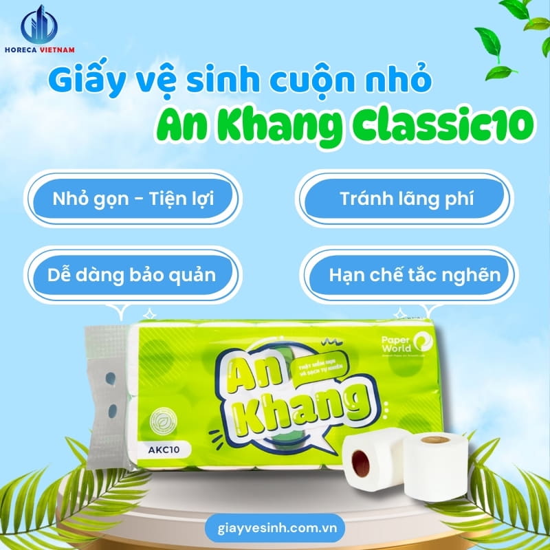 Giấy vệ sinh cuộn nhỏ An Khang Classic10 với thiết kế nhỏ gọn, dễ dàng bảo quản, tránh lãng phí giấy và hạn chế tắc nghẽn bồn cầu, hệ thống thoát nước