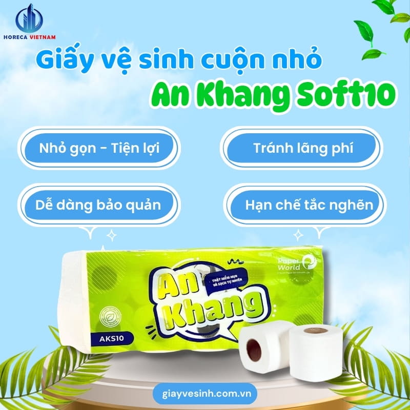 Lợi ích của giấy vệ sinh cuộn nhỏ An Khang Soft10 gồm thiết kế nhỏ gọn, tiện lợi khi sử dụng, hạn chế lãng phí và giảm nguy cơ tắc nghẽn đường ống.