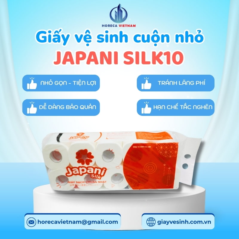 Giấy vệ sinh cuộn nhỏ Japani Silk10 với thiết kế nhỏ gọn, tiết kiệm chi phí, dễ bảo quản, hạn chế tắc nghẽn trong hệ thống ống nước.