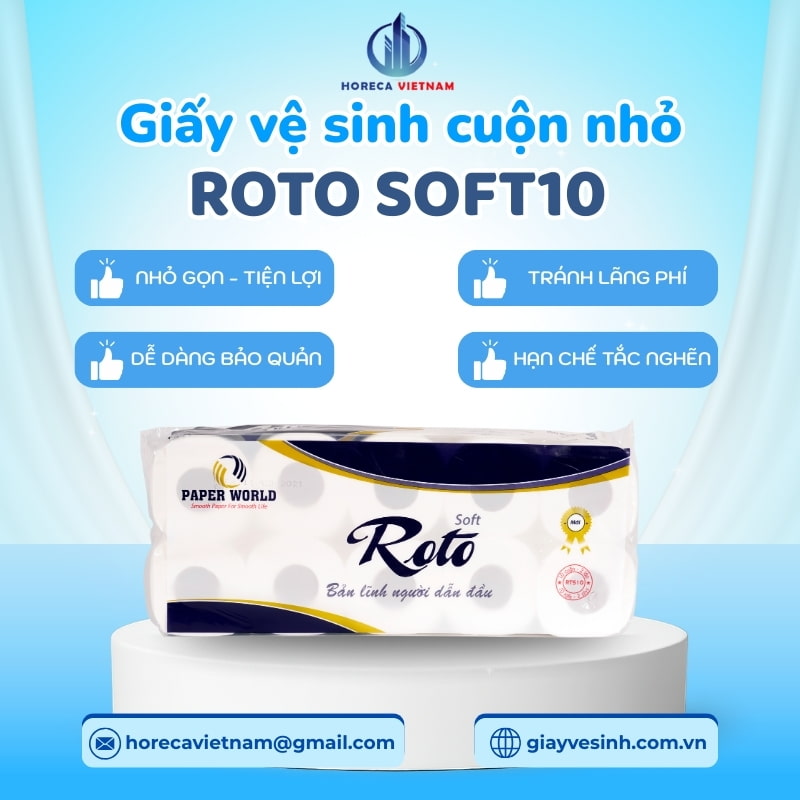 Giấy vệ sinh cuộn nhỏ Roto Soft10 giúp tiết kiệm chi phí, dễ bảo quản, hạn chế tình trạng tắc nghẽn và phù hợp cho các không gian sử dụng hàng ngày.