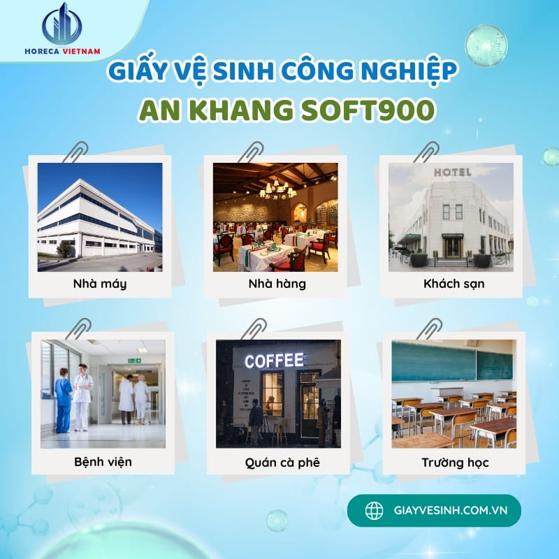Giấy vệ sinh cuộn lớn An Khang Soft900 ứng dụng tại các khu vực như nhà máy, nhà hàng, khách sạn, bệnh viện, quán cà phê và trường học, đáp ứng nhu cầu sử dụng lớn.
