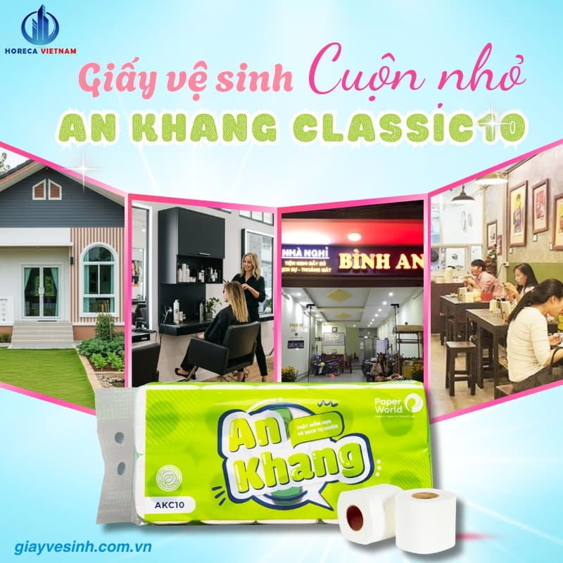 Giấy vệ sinh cuộn nhỏ An Khang Classic10 ứng dụng trong nhiều không gian như nhà ở, quán ăn, nhà nghỉ, và văn phòng, với tính năng tiện lợi và dễ bảo quản.