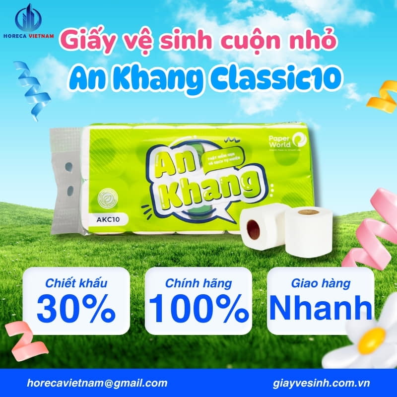 Ưu đãi khi mua giấy vệ sinh cuộn nhỏ An Khang Classic10 tại Horeca Việt Nam, chiết khấu 30%, giao hàng nhanh và 100% sản phẩm chính hãng.