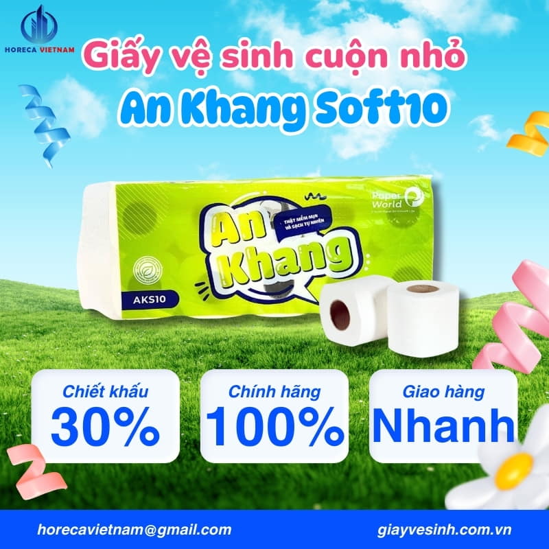 Có nhiều ưu đãi khi mua giấy vệ sinh cuộn nhỏ An Khang Soft10 tại Horeca Việt Nam với chiết khấu lên đến 30%, hàng chính hãng 100% và giao hàng nhanh.