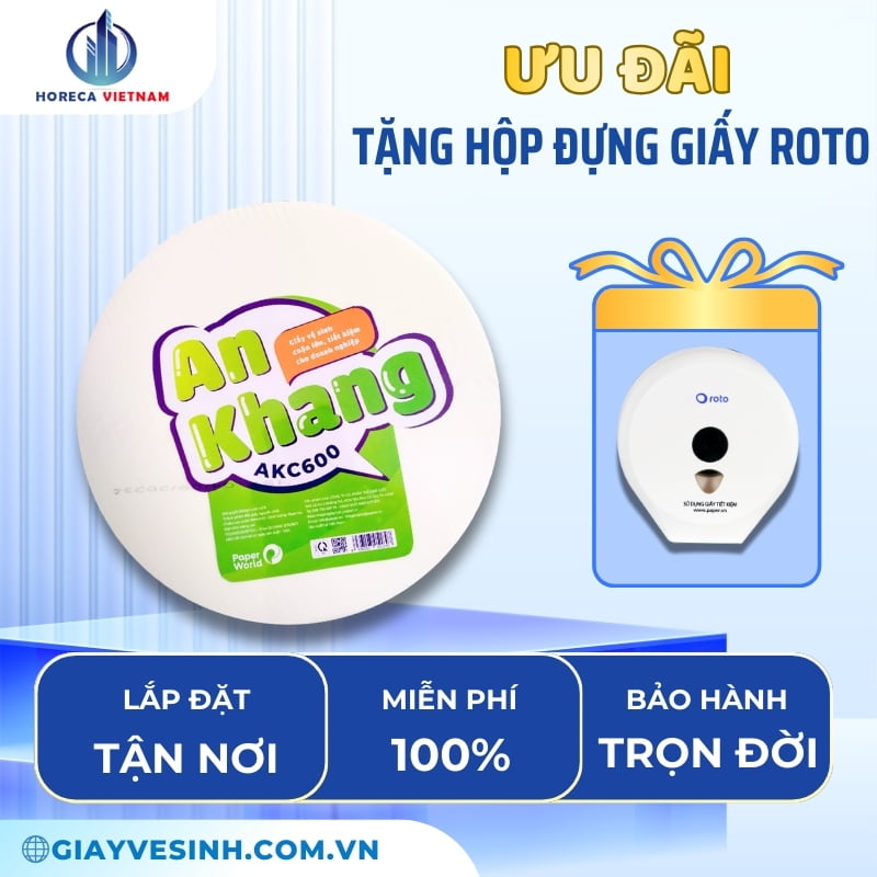 Chính sách ưu đãi cho doanh nghiệp khi mua giấy vệ sinh công nghiệp An Khang CARO600 gồm tặng hộp đựng giấy, hỗ trợ lắp đặt và bảo hành trọn đời