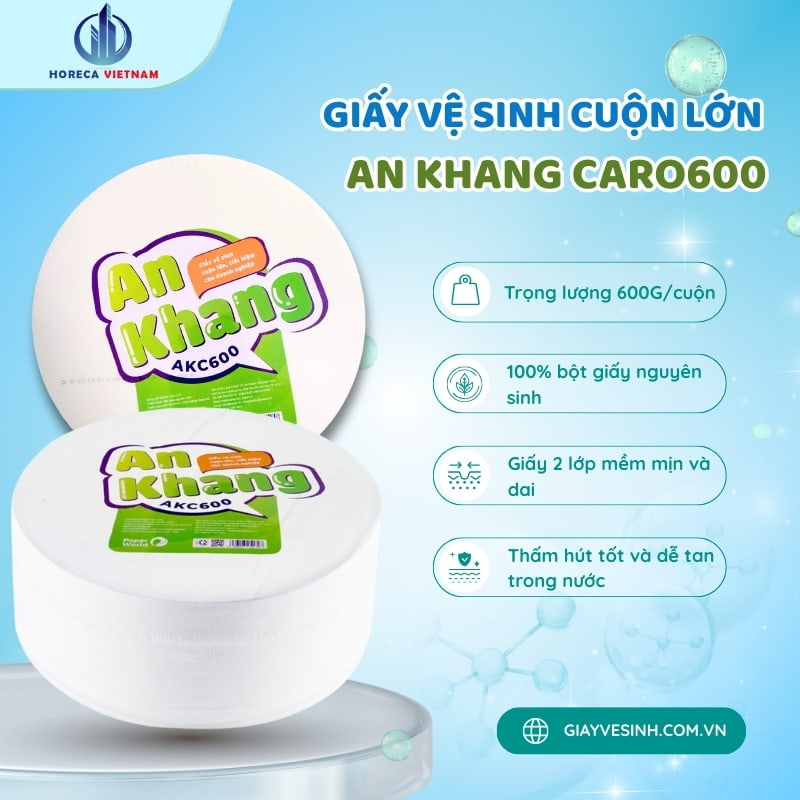 Giấy vệ sinh cuộn lớn An Khang Caro600 600g làm từ 100% bột giấy nguyên sinh, giấy 2 lớp mềm mịn, thấm hút tốt và dễ tan trong nước
