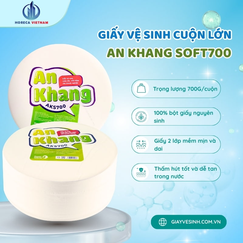 Giấy vệ sinh cuộn lớn An Khang Soft700 với trọng lượng 700g, 2 lớp giấy mềm mịn, thấm hút tốt và dễ tan trong nước