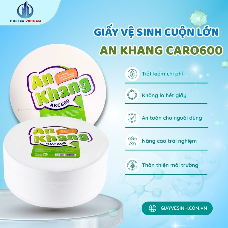 Lợi ích của giấy vệ sinh cuộn lớn An Khang Caro600 gồm tiết kiệm chi phí, hạn chế hết giấy, an toàn cho người dùng và thân thiện với môi trường