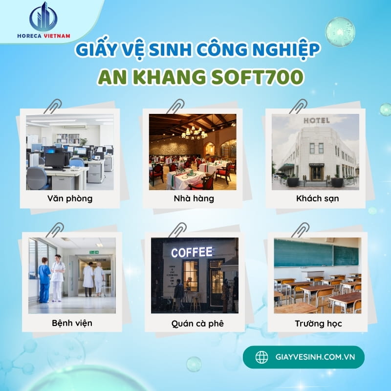 Giấy vệ sinh cuộn lớn An Khang Soft700 ứng dụng tại các khu vực như văn phòng, nhà hàng, khách sạn, bệnh viện, quán cà phê và trường học.