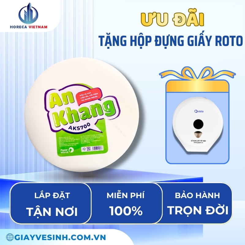 Ưu đãi đặc biệt khi mua giấy vệ sinh cuộn lớn An Khang Soft700 tại Horeca Việt Nam, tặng hộp đựng giấy Roto, lắp đặt miễn phí và bảo hành trọn đời.