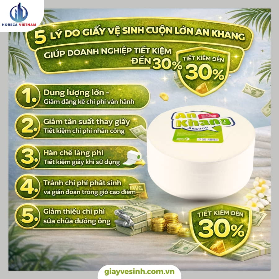 5 lý do giấy vệ sinh cuộn lớn An Khang giúp doanh nghiệp tiết kiệm đến 30% chi phí, dung tích lớn, ít thay cuộn, giấy mềm mịn và thấm hút tốt.