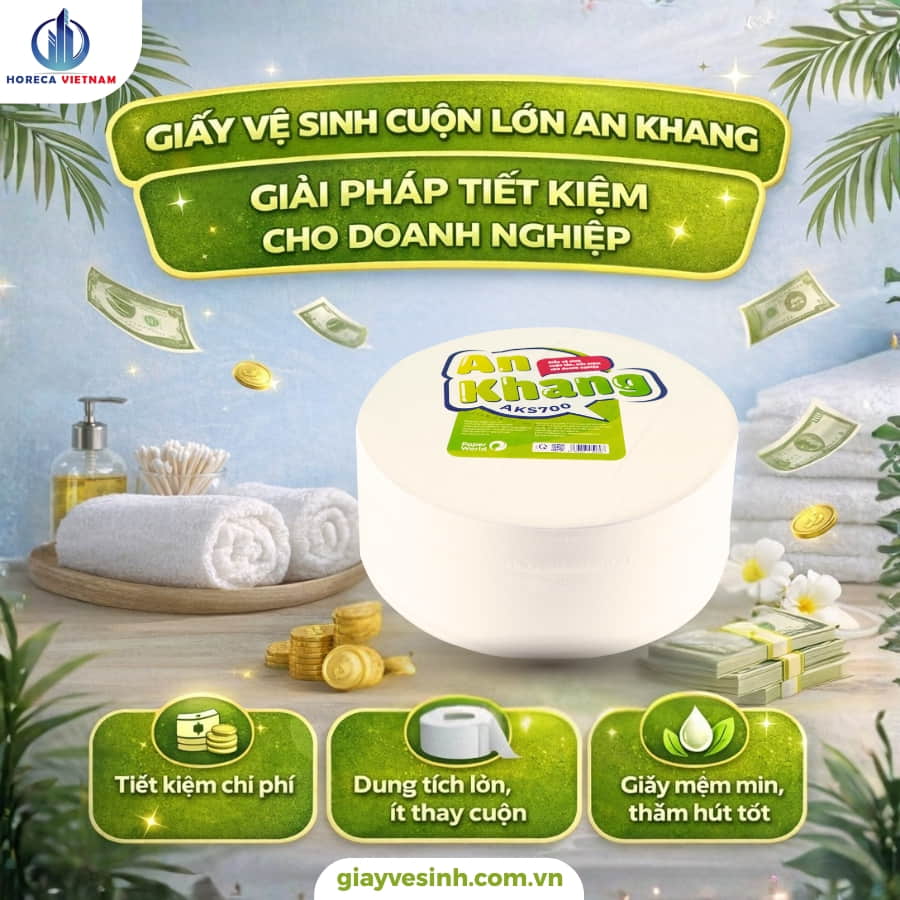 Giấy vệ sinh cuộn lớn An Khang – Giải pháp tiết kiệm cho doanh nghiệp, tiết kiệm chi phí, dung tích lớn ít thay cuộn, giấy mềm mịn và thấm hút tốt.