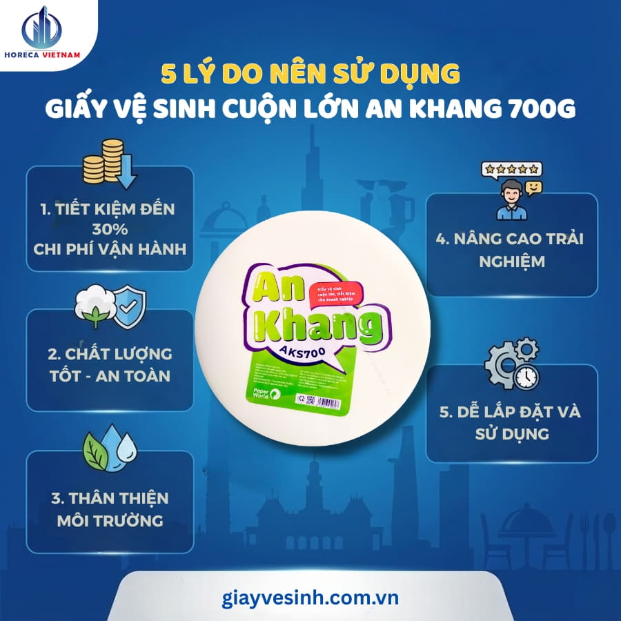 5 lý do nhà hàng tại TP.HCM nên sử dụng giấy vệ sinh cuộn lớn An Khang 700g, giúp tiết kiệm chi phí, chất lượng tốt, thân thiện môi trường, dễ lắp đặt và sử dụng.