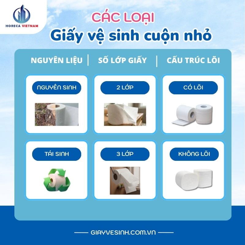 Các loại giấy vệ sinh cuộn nhỏ gồm giấy nguyên sinh, tái sinh, 2 lớp, 3 lớp, có lõi và không lõi, phù hợp nhiều nhu cầu sử dụng