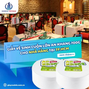 Giấy vệ sinh cuộn lớn An Khang 700g sử dụng cho nhà hàng tại TP.HCM, phù hợp không gian nhà vệ sinh dịch vụ ăn uống, tiết kiệm chi phí và đảm bảo vệ sinh