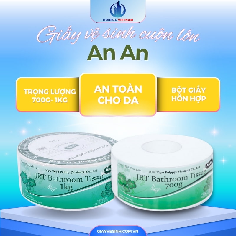 Giấy vệ sinh cuộn lớn An An 2 lớp có trọng lượng 700G - 900G, làm từ bột giấy hỗn hợp, an toàn cho da