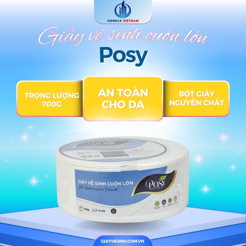 Giấy vệ sinh cuộn lớn Posy là loại giấy cuộn công nghiệp 700g 2 lớp, làm từ bột giấy nguyên sinh, mềm mịn và an toàn cho da