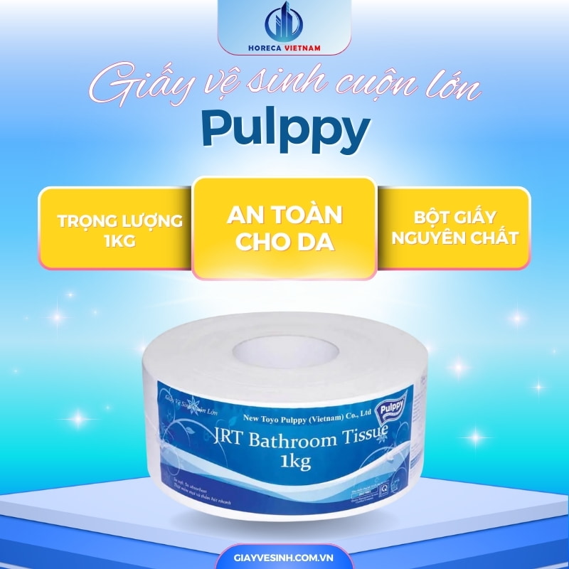 Giấy vệ sinh cuộn lớn Pulppy trọng lượng 1kg, an toàn cho da, thành phần bột giấy nguyên chất