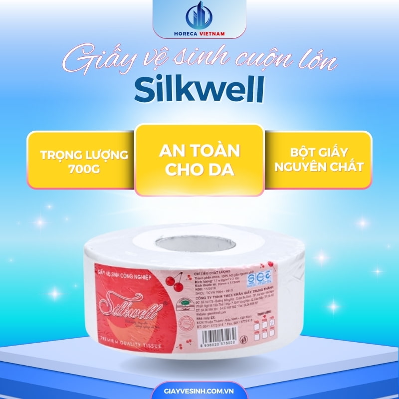 Giấy vệ sinh cuộn lớn Silkwell là cuộn lớn công nghiệp loại 700g 2 lớp, có trọng lượng 700g, làm từ bột giấy nguyên chất nên an toàn cho da