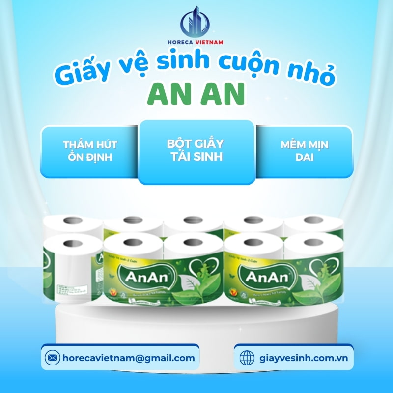 Giấy vệ sinh cuộn nhỏ An An làm từ bột giấy tái sinh, thấm hút ổn định, mềm mịn dai, phù hợp nhu cầu sử dụng thường xuyên