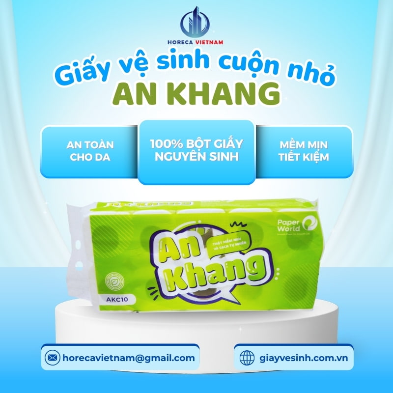 Giấy vệ sinh cuộn nhỏ An Khang làm từ 100% bột giấy nguyên sinh, mềm mịn, an toàn cho da và tiết kiệm chi phí sử dụng