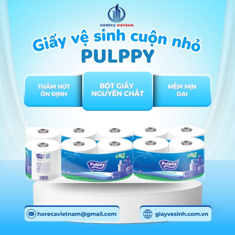 Giấy vệ sinh cuộn nhỏ Pulppy làm từ bột giấy nguyên chất, thấm hút ổn định, mềm mịn dai, phân phối bởi Horeca Việt Nam