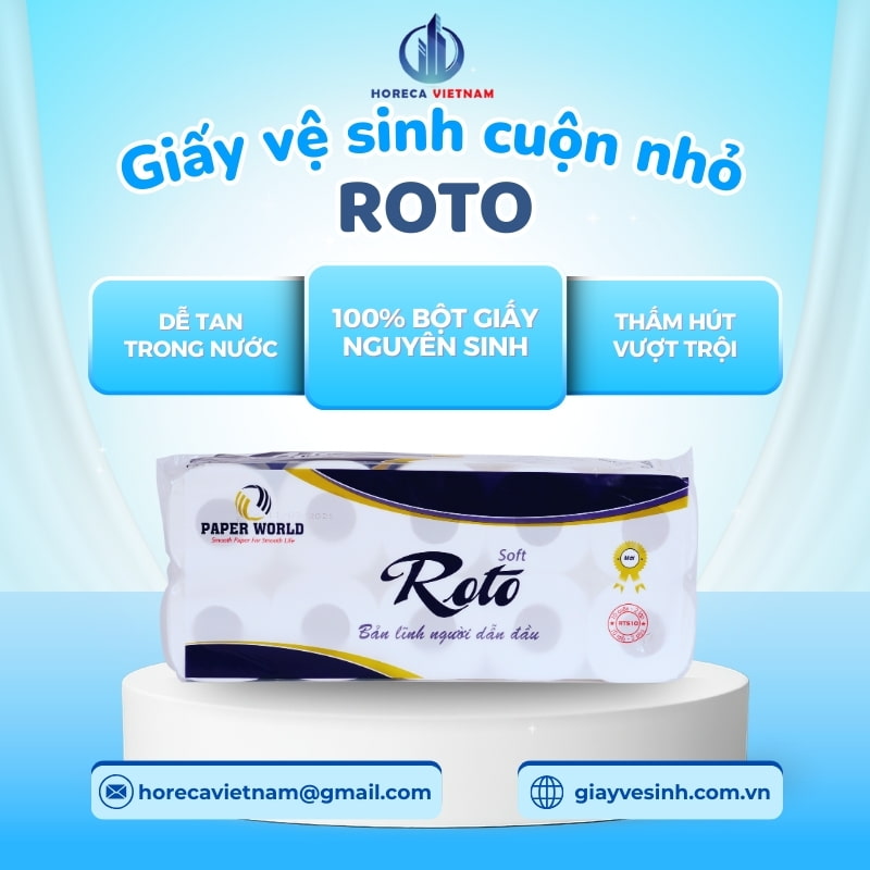 Giấy vệ sinh cuộn nhỏ Roto làm từ 100% bột giấy nguyên sinh, dễ tan trong nước, thấm hút tốt, an toàn khi sử dụng