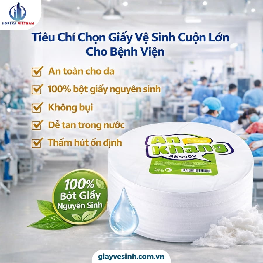 Giấy vệ sinh cuộn lớn An Khang đặt trong môi trường bệnh viện, minh họa các tiêu chí an toàn da, bột giấy nguyên sinh, không bụi và dễ tan