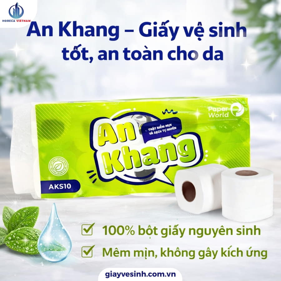 Giấy vệ sinh An Khang làm từ 100% bột giấy nguyên sinh, mềm mịn và an toàn cho da, không gây kích ứng, phù hợp cho cả gia đình.
