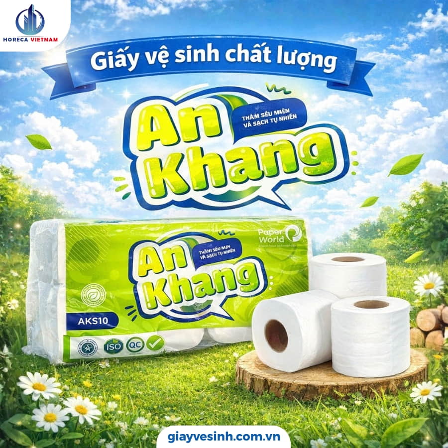 Giấy vệ sinh An Khang chất lượng cao làm từ bột giấy nguyên sinh, mềm mịn, không mùi, an toàn cho da và sức khỏe