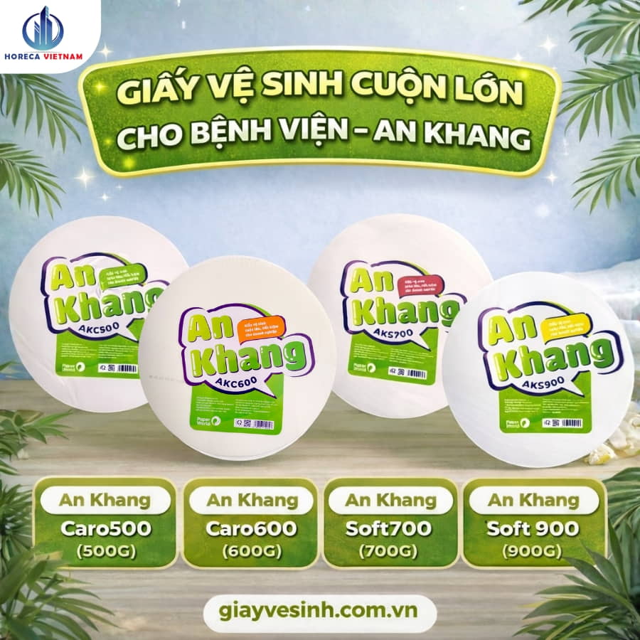 Giấy vệ sinh cuộn lớn An Khang gồm các loại Caro500, Caro600, Soft700 và Soft900, phù hợp cho bệnh viện, đảm bảo vệ sinh và an toàn.