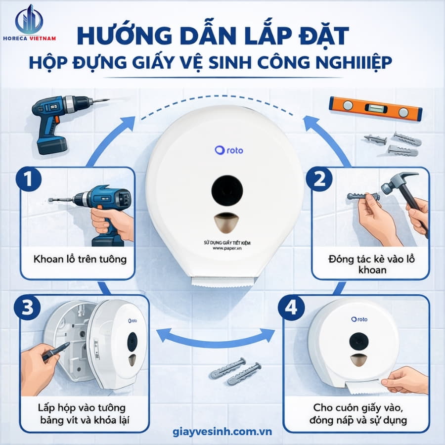 Các bước lắp đặt hộp đựng giấy vệ sinh công nghiệp gồm khoan lỗ, đóng tắc kê, bắt vít, gắn hộp và nạp giấy