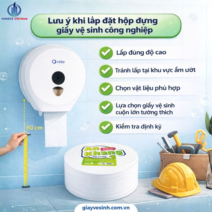 Lưu ý khi lắp đặt hộp đựng giấy vệ sinh công nghiệp gồm lắp đúng độ cao 80 cm, tránh nơi ẩm ướt và chọn giấy cuộn lớn phù hợp