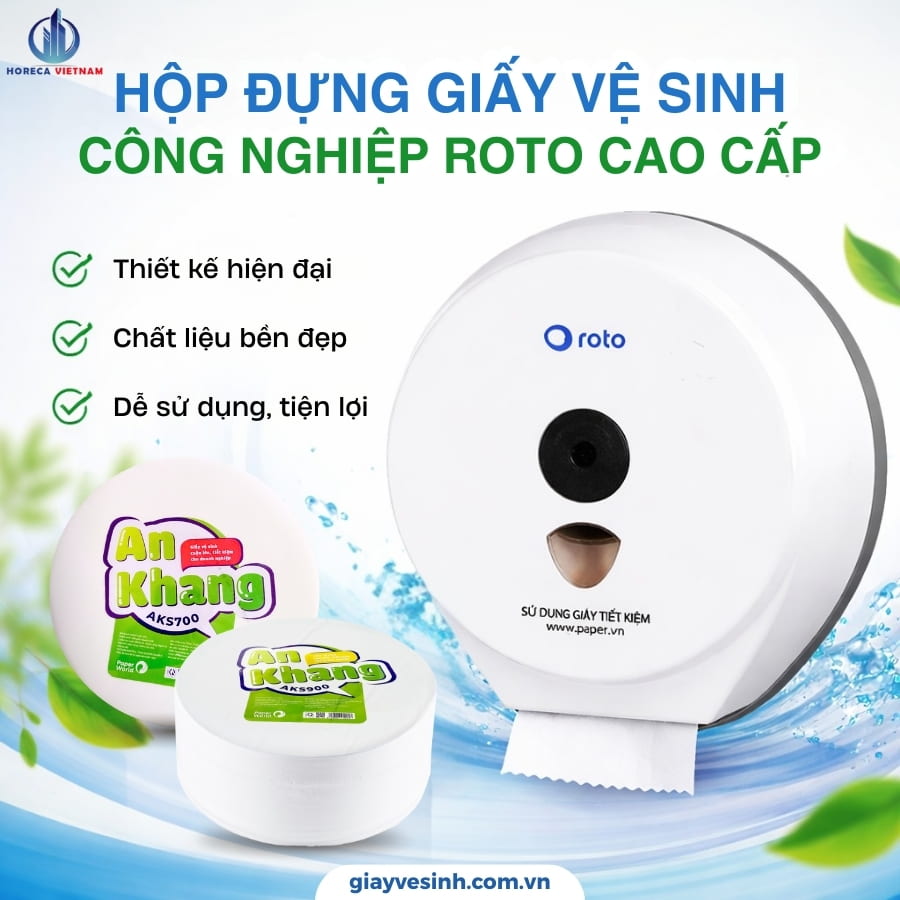 Hộp đựng giấy vệ sinh công nghiệp Roto cao cấp treo tường sử dụng giấy cuộn lớn, thiết kế hiện đại và tiện lợi