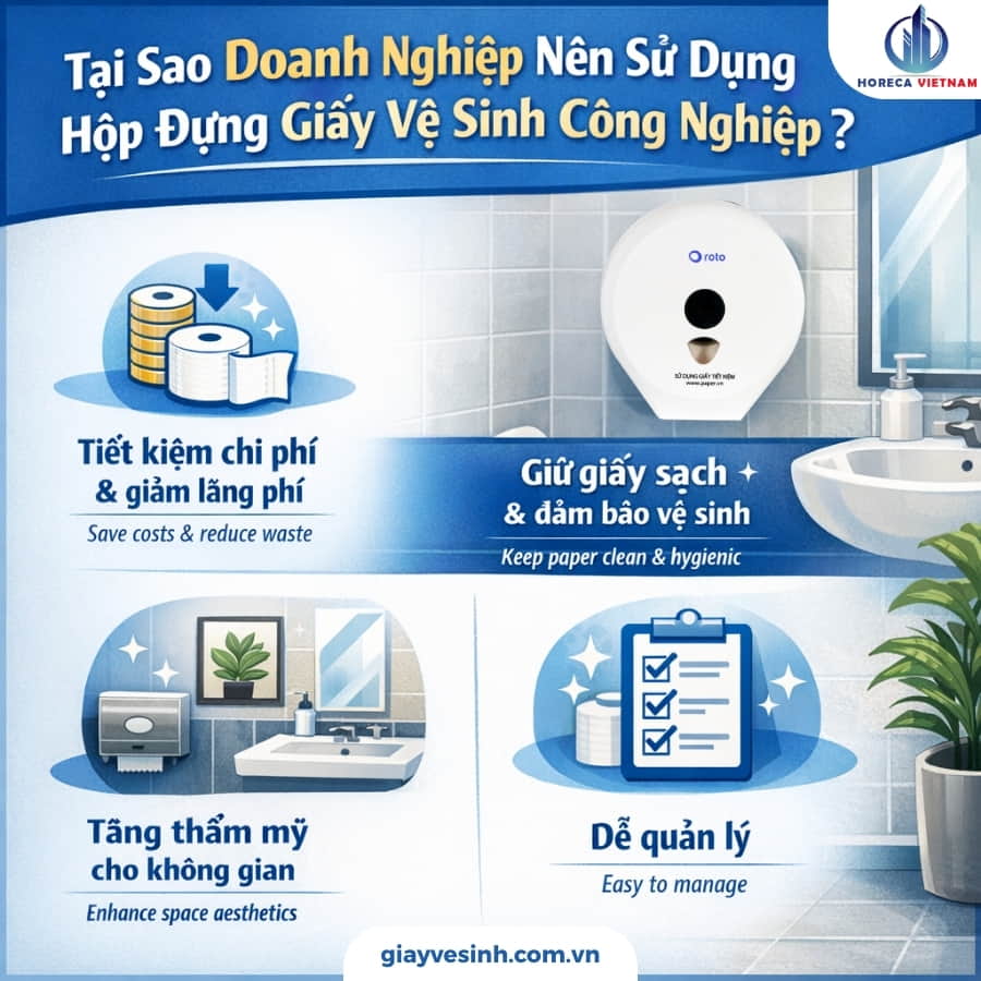 lý do doanh nghiệp nên sử dụng hộp đựng giấy vệ sinh công nghiệp gồm tiết kiệm chi phí, giữ giấy sạch, tăng thẩm mỹ và dễ quản lý