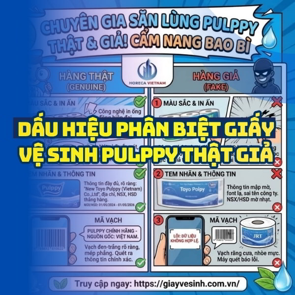 Các dấu hiệu phân biệt giấy pulppy thật giả tránh hàng giả tại Horeca Việt Nam