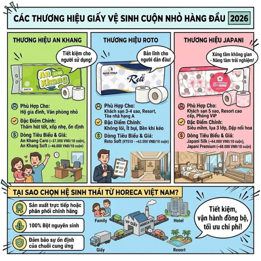 Các thương hiệu giấy vệ sinh cuộn nhỏ hàng đầu 2026 tại Horeca Việt Nam