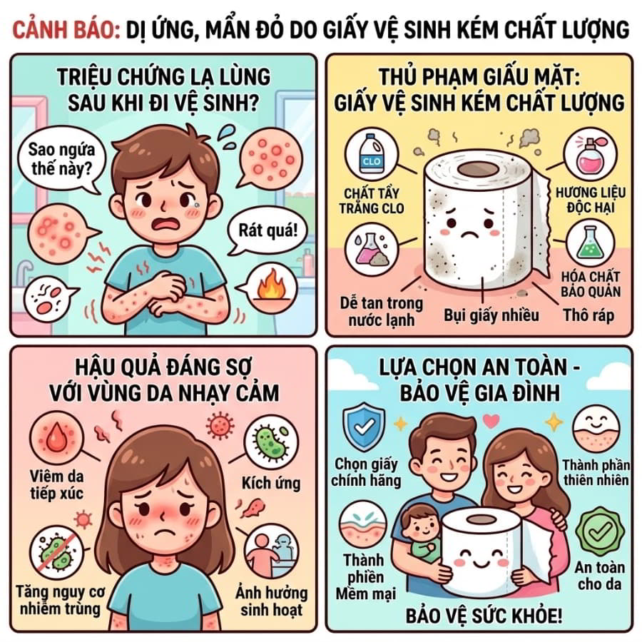 Cảnh báo dị ứng giấy vệ sinh nguy cơ dị ứng mẩn đỏ khi dùng giấy kém chất lượng