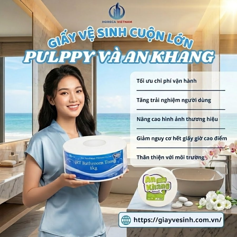 Mua sỉ giấy vệ sinh cuộn lớn Pulppy và An Khang uy tín giá tốt nhất tại Horeca Việt Nam