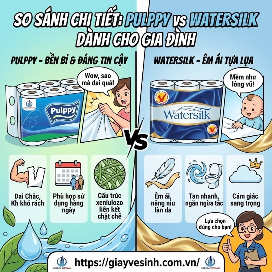 So sánh pulppy và watersilk dành cho gia đình tại Horeca Việt Nam