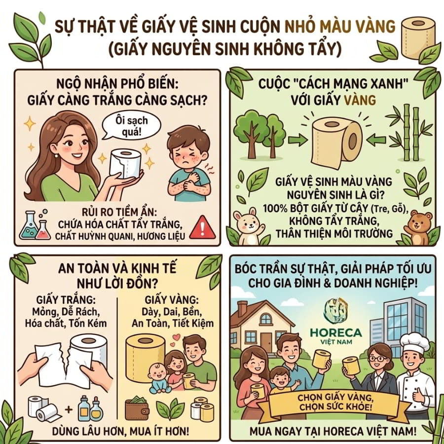 Giấy vệ sinh cuộn nhỏ màu vàng nguyên sinh không tẩy trắng an toàn cho sức khỏe.