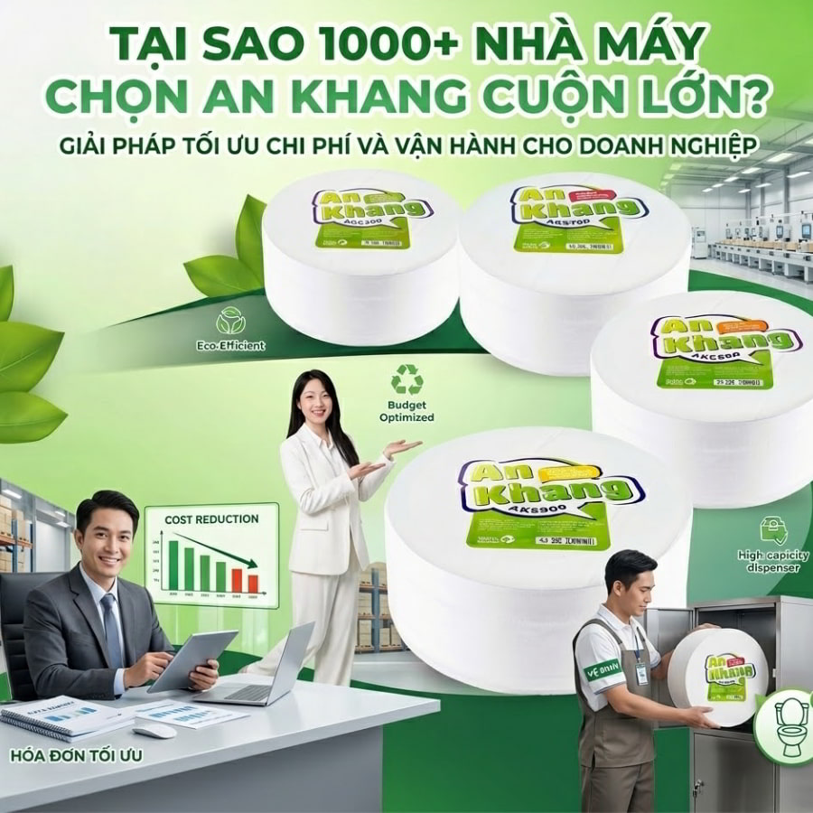 Giấy vệ sinh cuộn lớn An Khang dùng cho nhà máy khu công nghiệp.