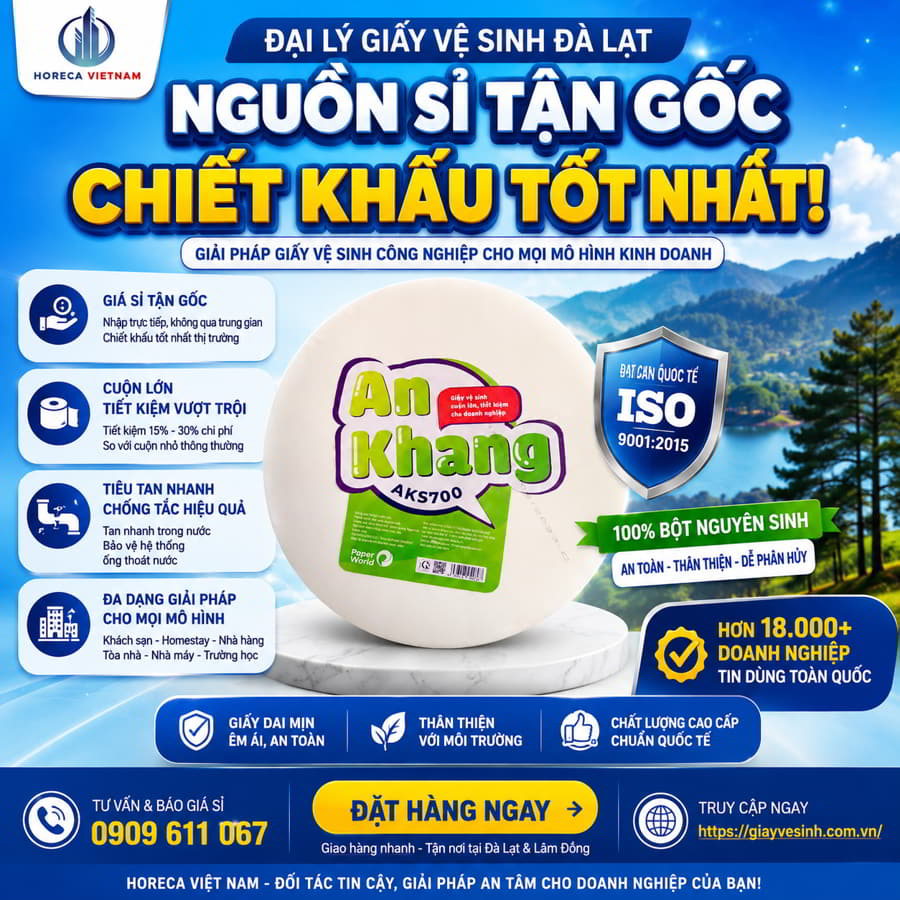 Horeca Việt Nam (giayvesinh.com.vn) hiện đang vươn lên là hệ thống phân phối vật tư tiêu hao hàng đầu, mang đến những dòng giấy vệ sinh công nghiệp cao cấp đạt chuẩn quốc tế ISO 9001:2015.