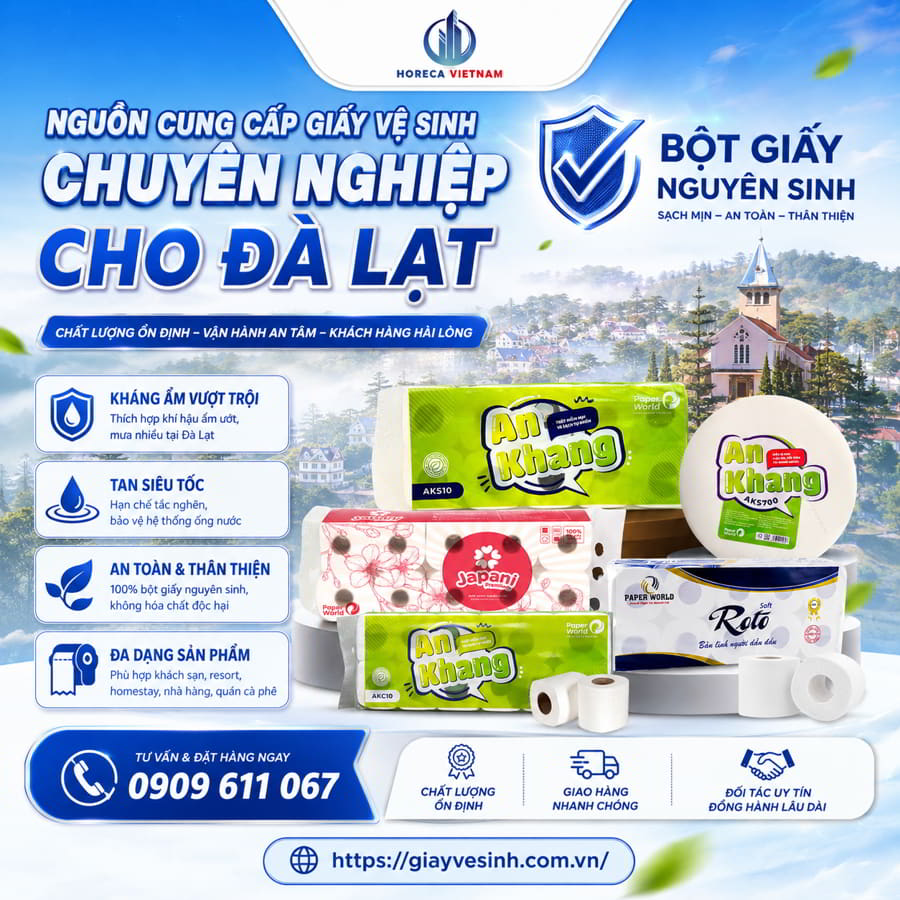 Horeca Việt Nam mang đến thị trường Đà Lạt những dòng sản phẩm chất lượng cao, được làm từ 100% bột giấy nguyên sinh, kháng ẩm tốt khi kết hợp cùng hệ thống hộp đựng kín, và đặc biệt là khả năng tan siêu tốc trong nước.