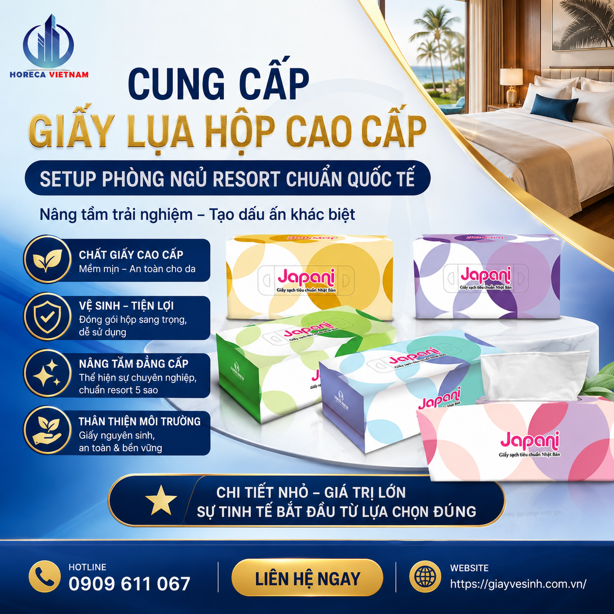 Cung cấp giấy lụa hộp setup phòng resort cao cấp chuẩn quốc tế tại Horeca Việt Nam