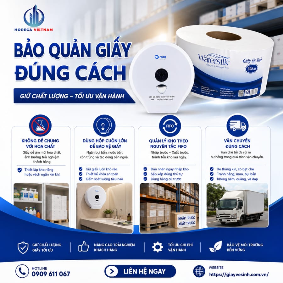 Cách bảo quản giấy vệ sinh số lượng lớn tối ưu vận hành tại Horeca Việt Nam